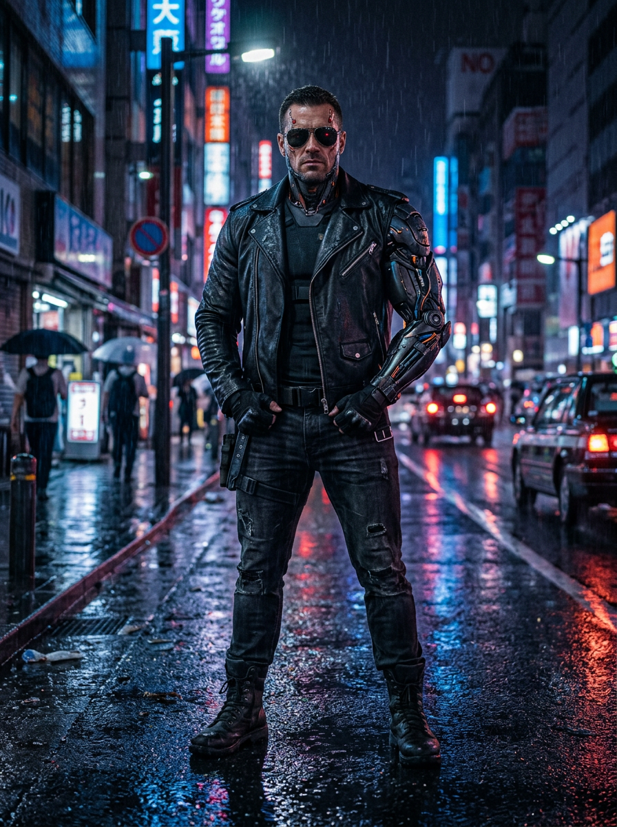Cyborg figure standing on a rainy night street